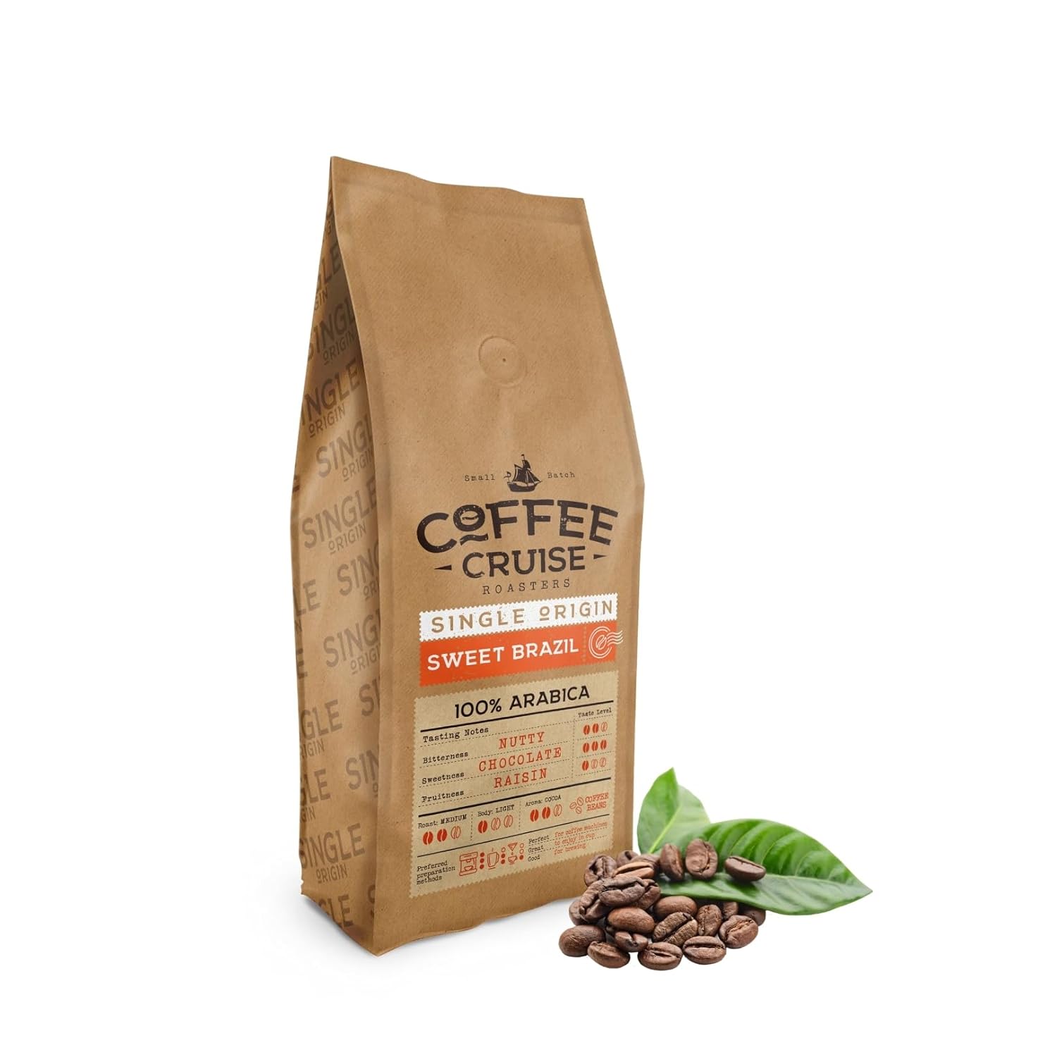 COFFEE CRUISE Sweet Brazil Brazilian Coffee Beans 1 kg - Medium Roast - Aroma Cocoa and Chocolate - For All Coffee Machines - 100% Arabic