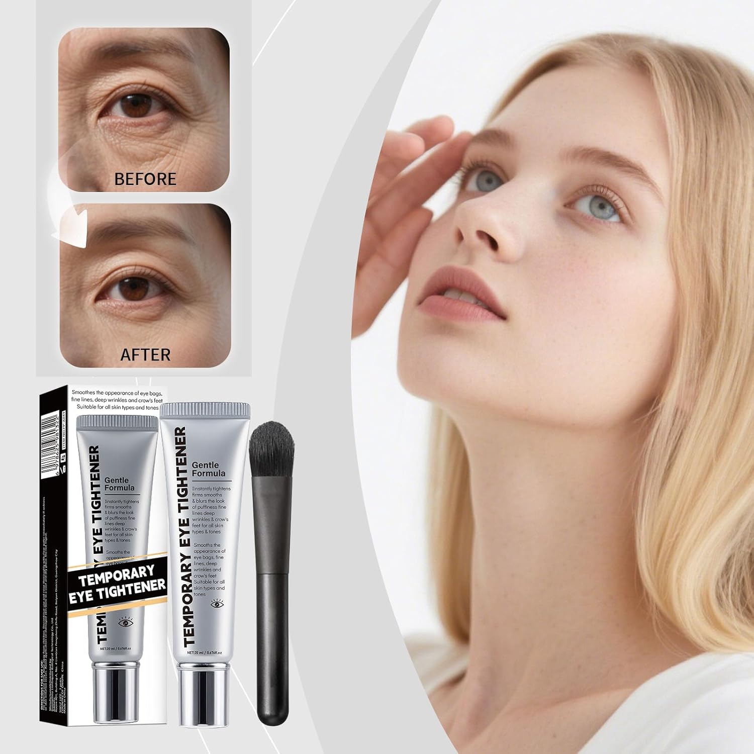 Temporary Eye Tightener, Temporary Eye Firmer with Brush, Eye Firming Cream Against Wrinkles, Anti-Ageing, Instant Lifting Effect, Reduces Fine Lines, for All Skin Types (1 Piece, 20 ml)