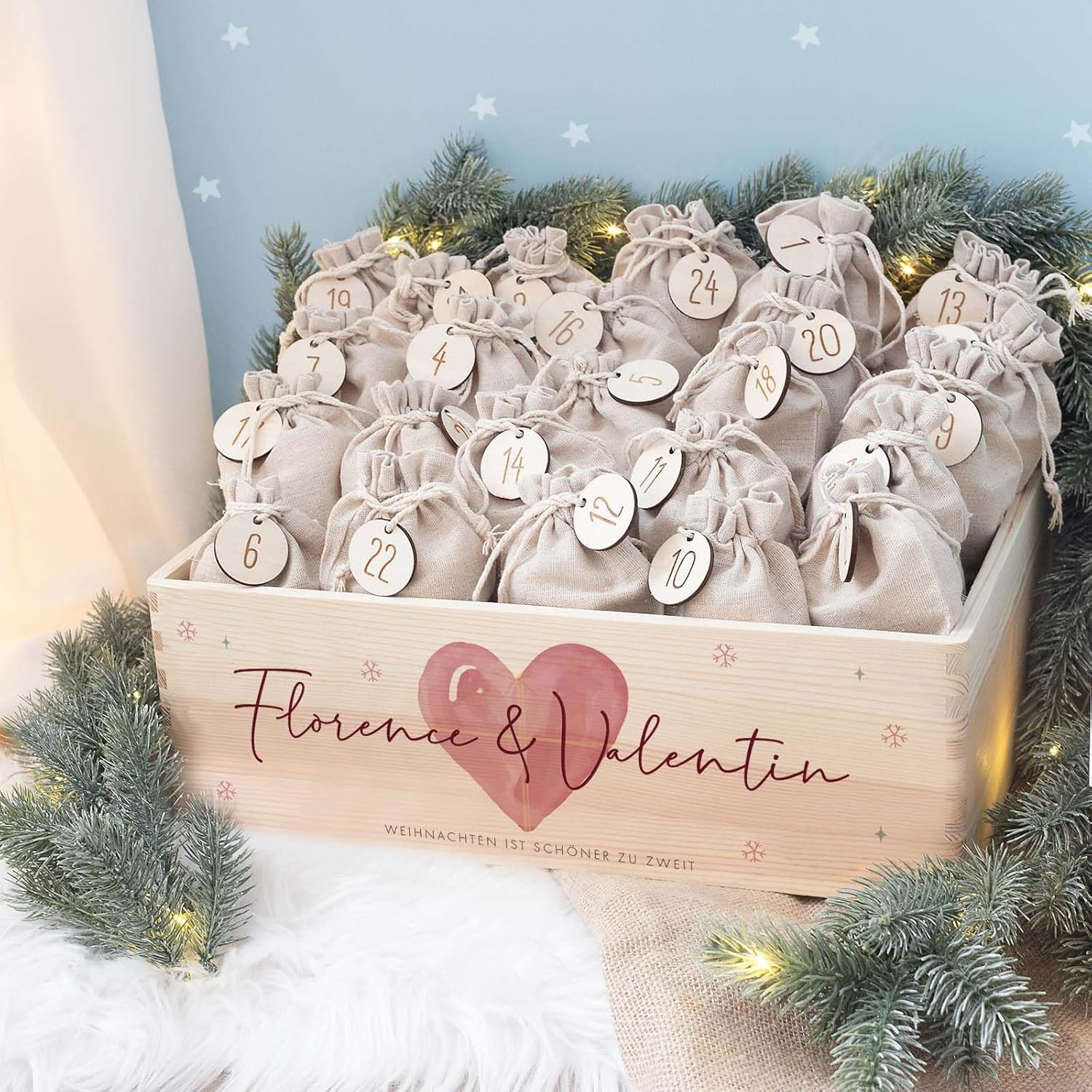 Personalized Advent Box - Advent Calendar for Adults Made of Wood with Name - Engraving Calendar DIY - Christmas Calendar for Couples - Hello Mini (Heart Couples)