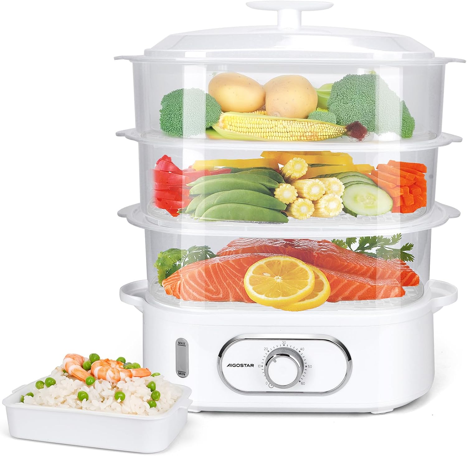 Aigostar Electric Steamer 12 L with Timer, Steamer with 3 Stackable Containers, Rice Cooker & Egg Holder, 60 Minute Timer, Dishwasher Safe 900 W, White (Model: Fitfoodiepro)