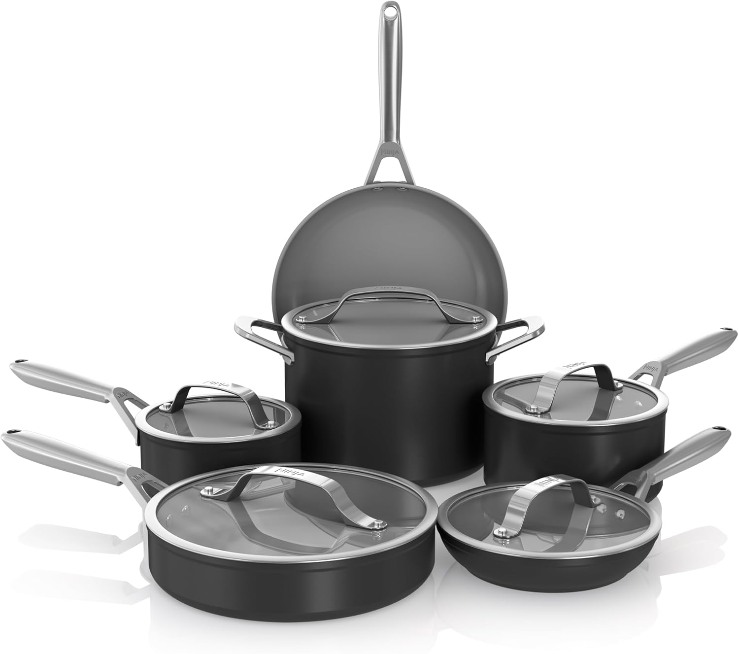 Ninja Ceramic Pro CW39011BK 11-Piece Non-Stick Cookware Set, Pots & Pans Set with Glass Lid, PTFE Free, Ceramic Coated, Oven Safe, All Hob Types & Induction Compatible,