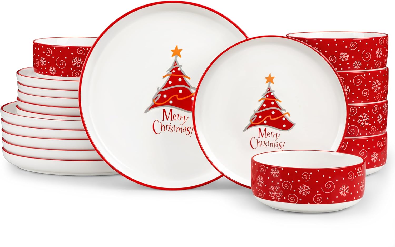 MALACASA Luna Christmas Tableware for 6 People, 18-Piece Dinner Service Made of White Porcelain, Modern Crockery Set