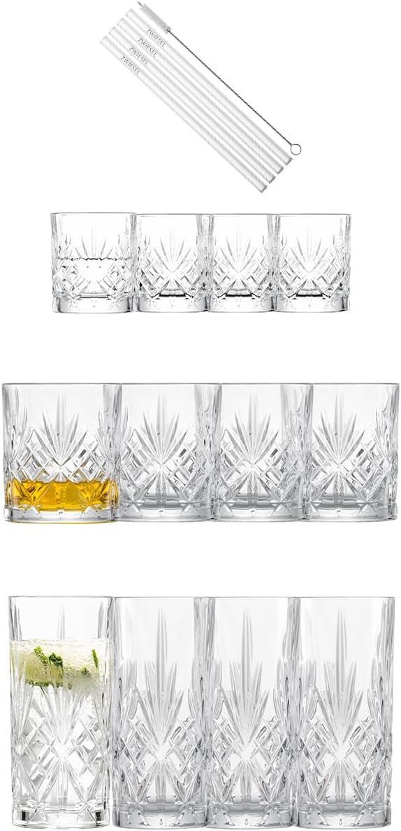 SCHOTT ZWIESEL Bar Set of 17, 4 Graceful Long Drinks, Whiskey and Schnapps Glasses with Relieff, 4 Glass Drinking Straws and 1 Cotton Brush, Dishwasher Safe Crystal Glasses (Item No. 124010)