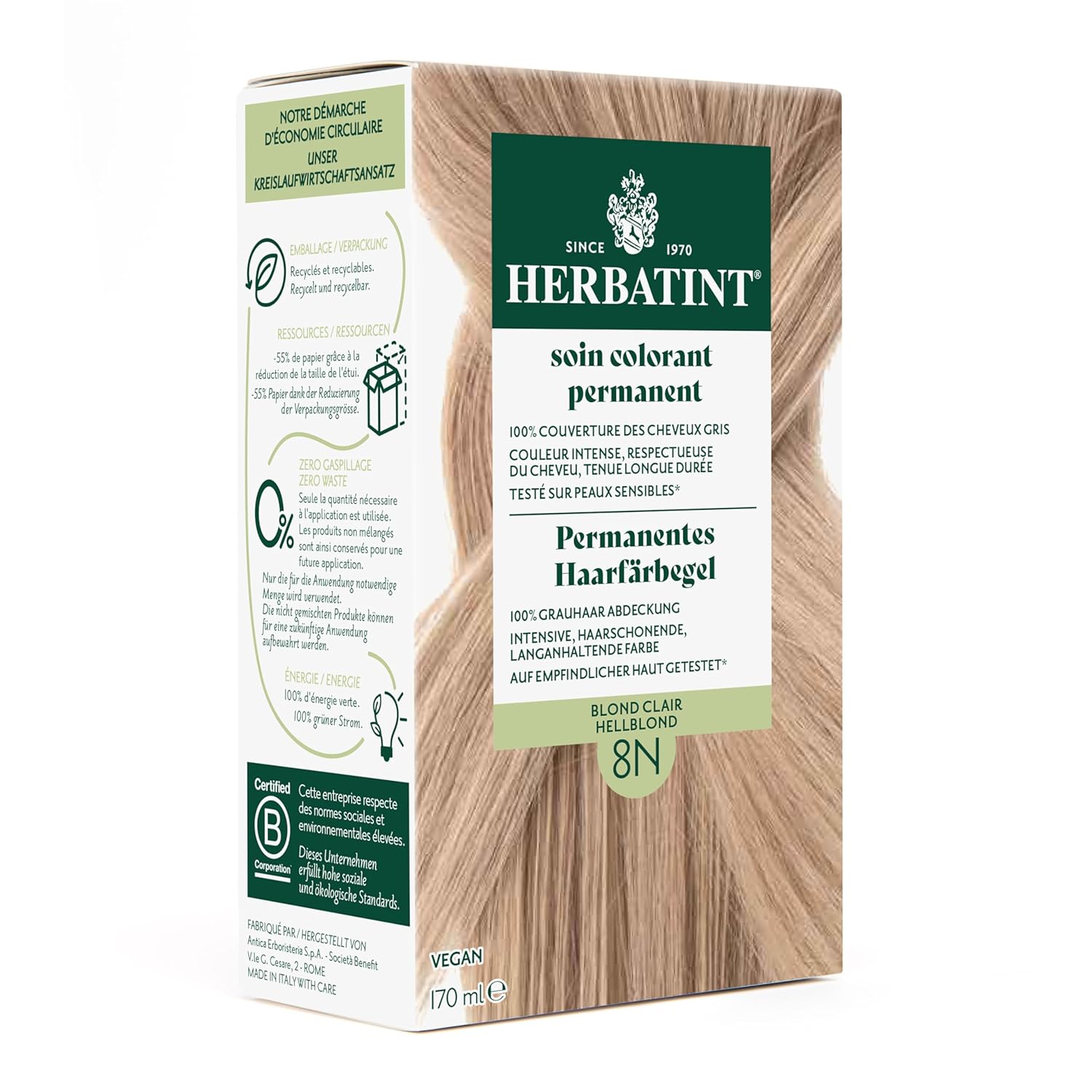 Herbatint Permanent Hair Dye Gel 8N Light Blonde - 170 ml I No Ammonia, 100% Gray Hair Coverage I Tested for Sensitive Skin with 8 Plant Extracts