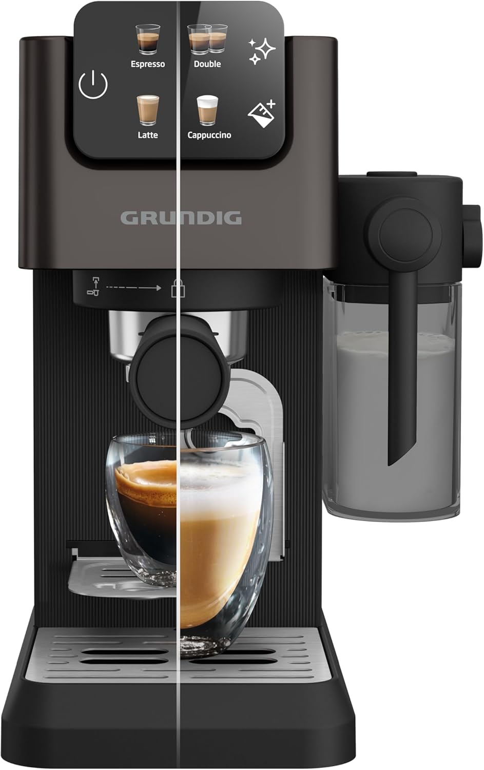 GRUNDIG KSM 5330 Portafilter Machine with Integrated Milk Container, 1628 W Power, 15 Bar Pump Pressure, Double Nozzle, Coloured Touch Display, BrewSense, CreamyPro, Dark Inox/Black