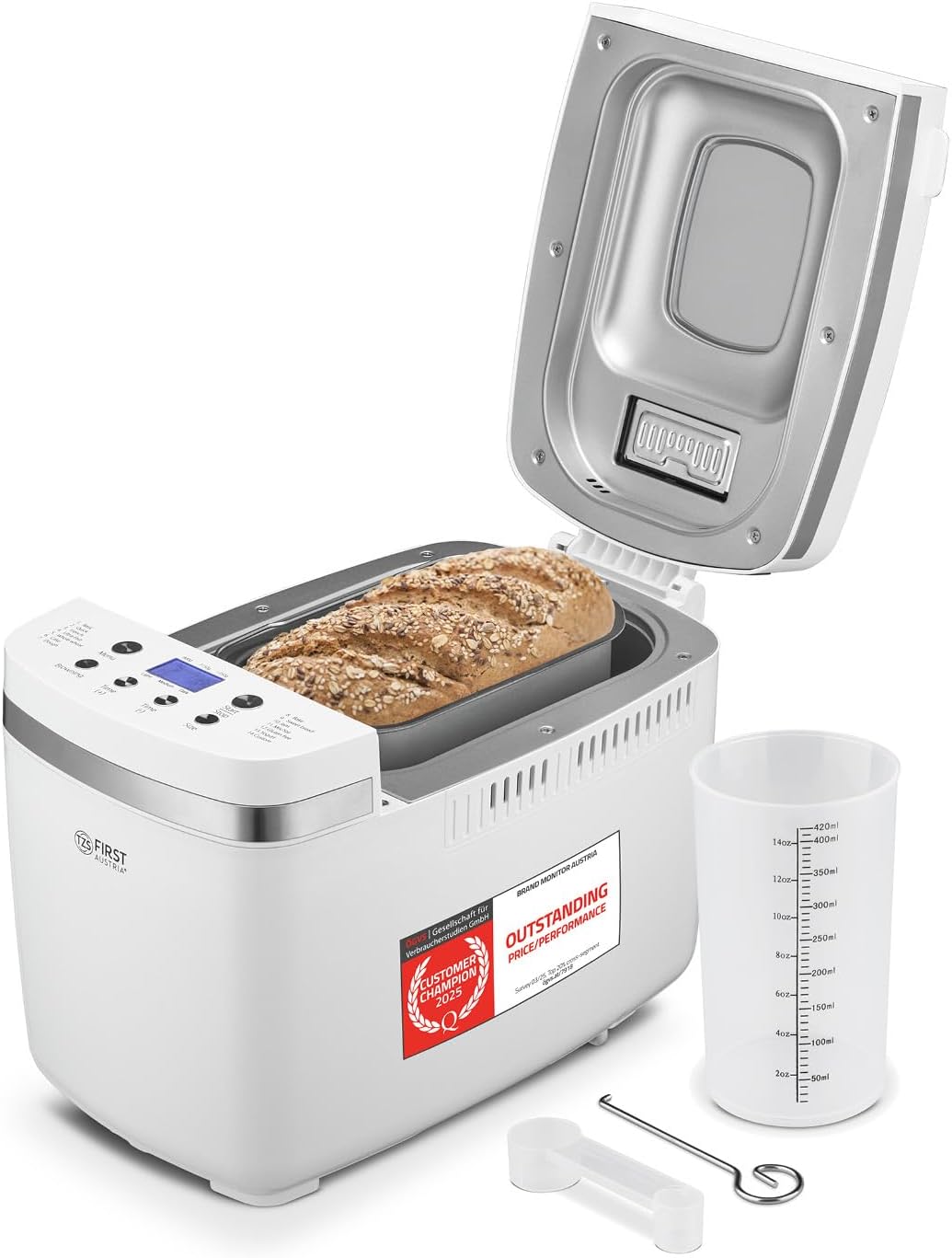 TZS First Austria Multifunctional Bread Maker | 14 Programmes | Ingredient Dispenser | Dough Quantity 900 g and 1350 g | Adjustable Browning Levels | Timer | Keep Warm Function | Automatic Shut-Off
