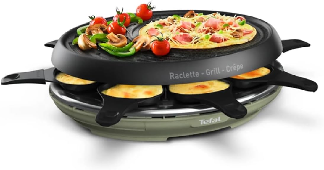 Tefal RE320 Raclette 8 People 1050W - 3-in-1 Raclette, Grill and Crepe, 8 Pans, Non-Stick Coating, Dishwasher Safe, Party Grill