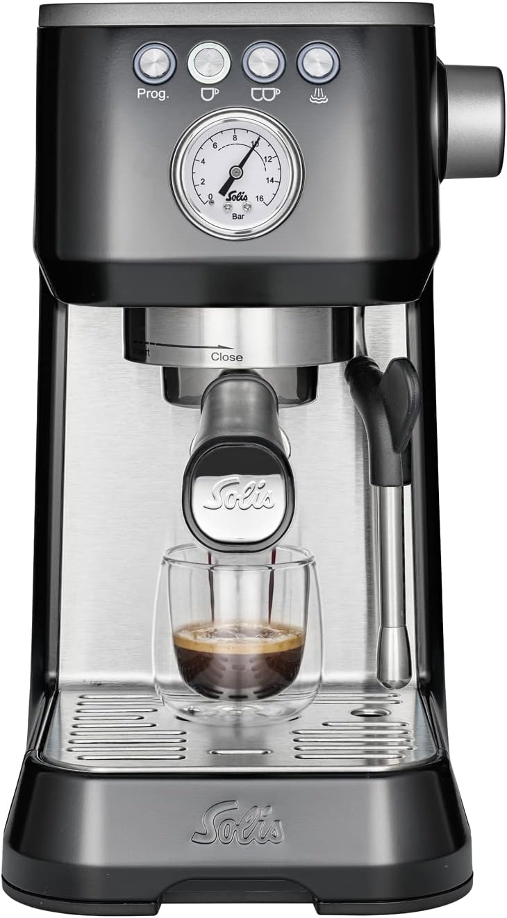 Solis Espresso Machine, Pressure Gauge, Steam and Hot Water Function, PID Temperature Controller, 54 mm Filter Holder with Double Spout, 15 Bar, 1.7 L Water Tank, Stainless Steel, Barista Perfetta Plus
