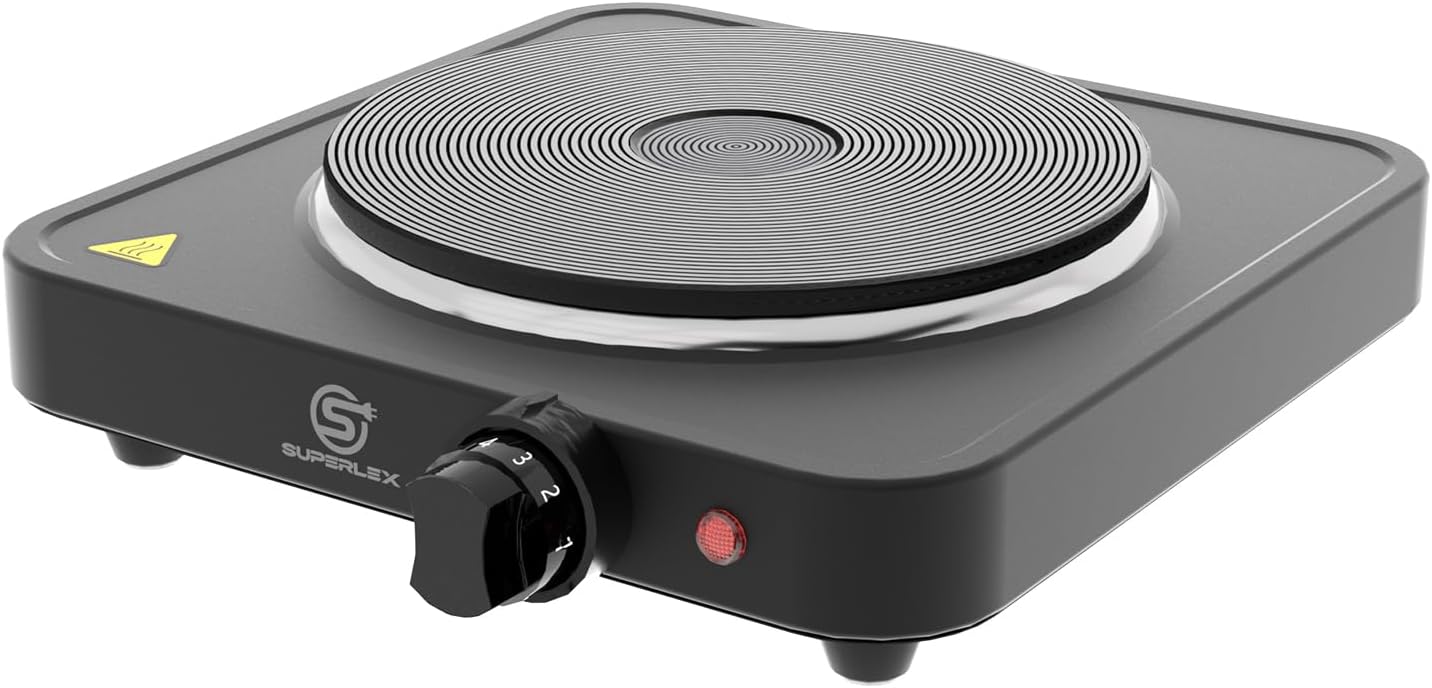 SUPERLEX Hob Hob 1 Hob Electric Single Hob 1500 W with Thermostat and Overheating Protection Compact Cast Iron Plate for Camping Office Home and All Cookware Types