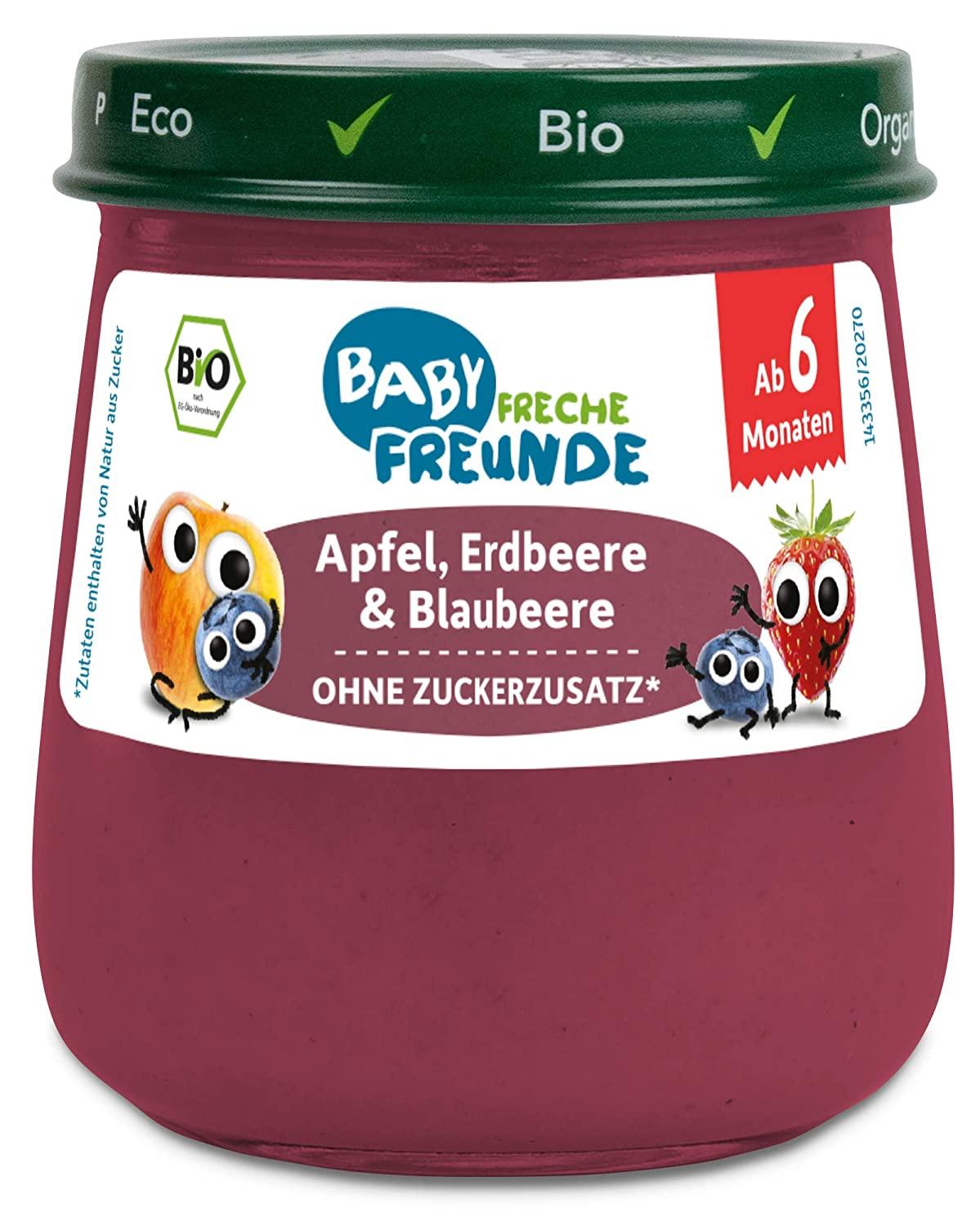 BABY FRECHE FREUNDE Bio Gläschen Apfel, Erdbeere & Blaubeere, für Babys ab 6 Monaten, ohne Zucker- und Salzzusatz, vegan, 6er Pack (6x120g)