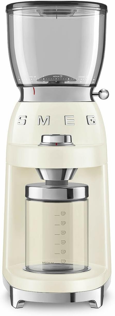 Smeg, Coffee Grinder CGF11CREU, Conical Stainless Steel Grinder, 30 Grinding Settings, 350 g Coffee Bean Container, Premium Die-Cast Aluminium Housing, 150 W, Cream