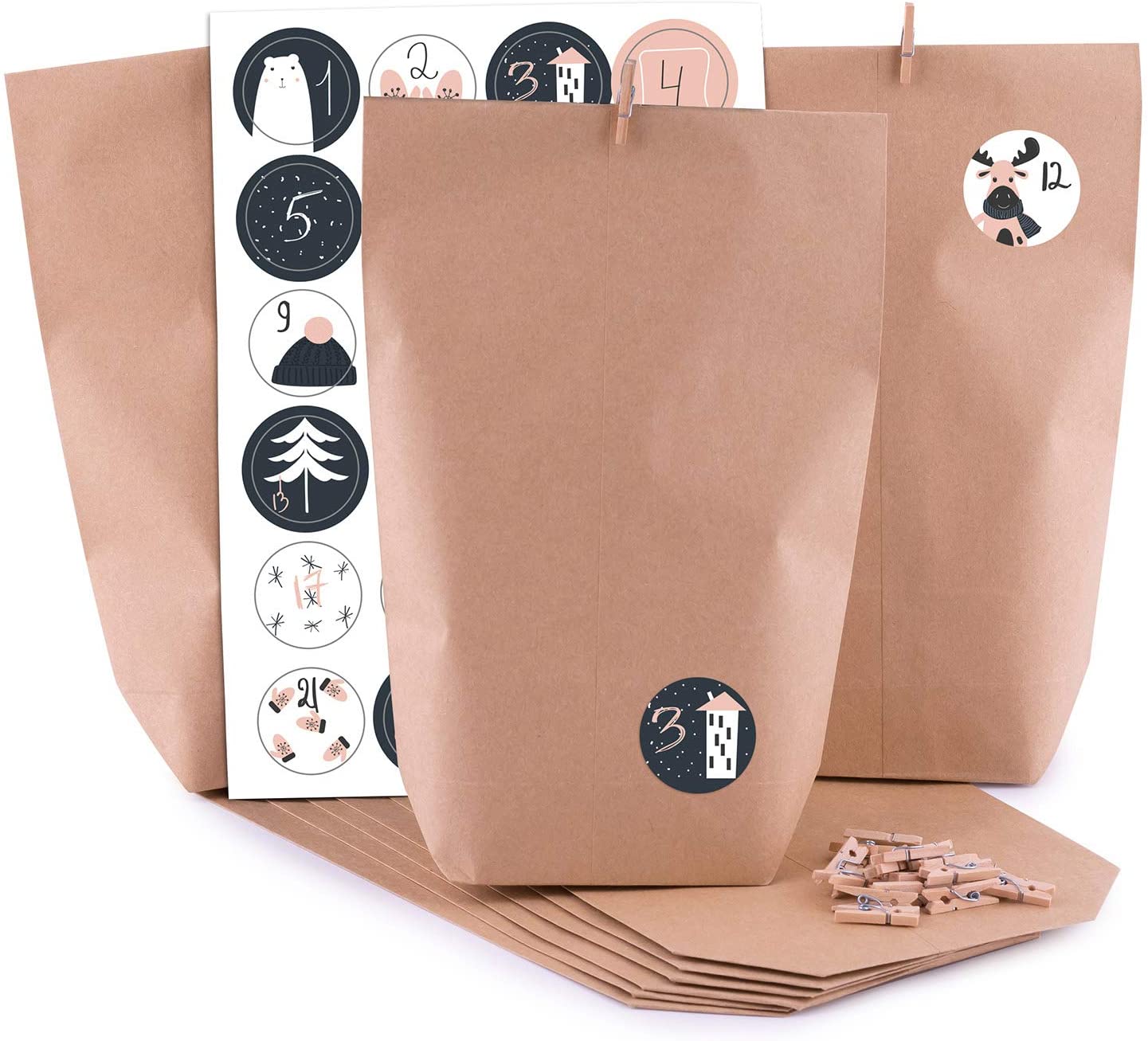 Pajoma Advent Calendar for Filling Sweetly 24 Kraft Paper Bags Brown Kraft Paper Gift Bags Christmas Calendar Craft Set Including Number Stickers, Accessories and Clips