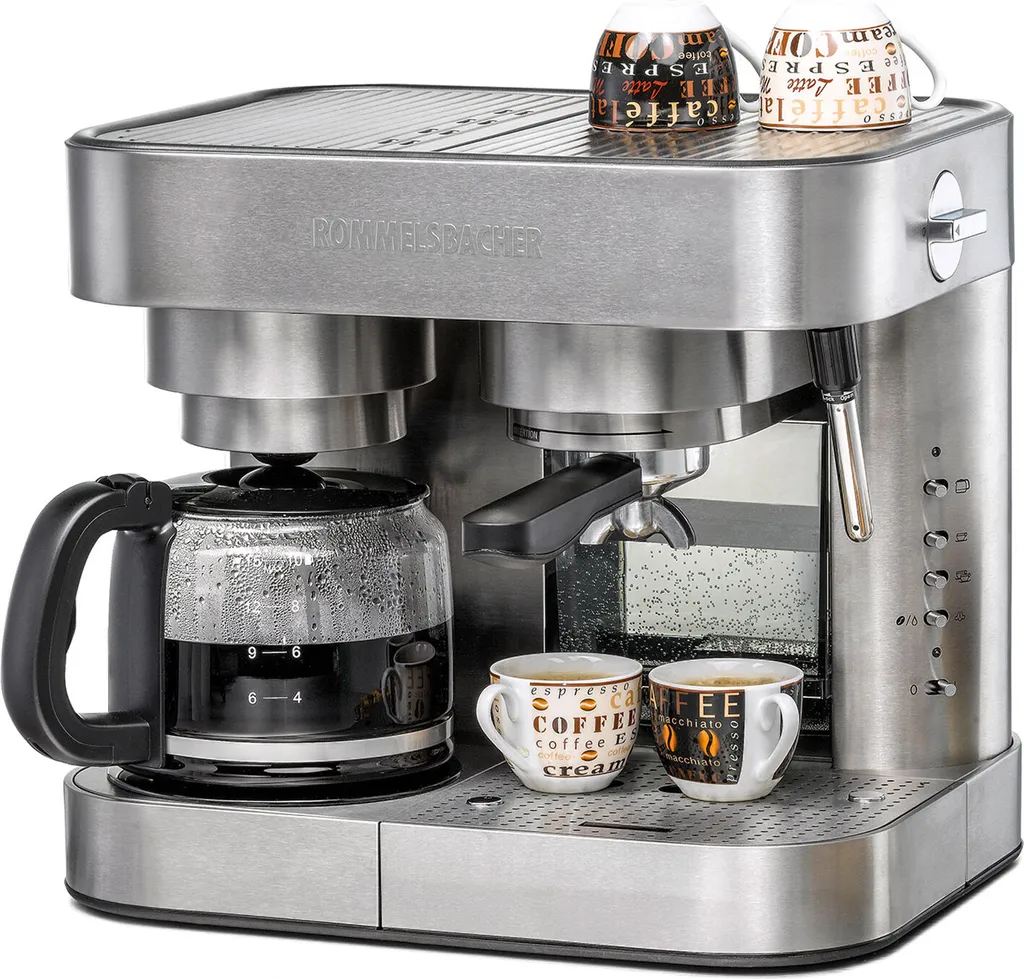 Rommelsbacher Coffee/Espresso Center EKS 3010 ElPresso Duo deluxe, coffee machine: glass carafe for 10 cups of filter coffee, filter insert 1 x 4, warming plate, espresso machine: 19 bar pump pressure, electronic operation, programmable cup volumes