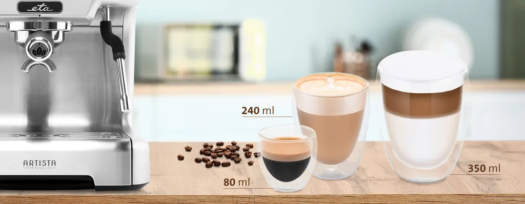 Coffee Accessories ETA 2x 80ml Espresso Glasses Set Item No.: ETA418193000 Elegant double-walled glass made of borosilicate glass for an even more intense coffee experience, 80 ml