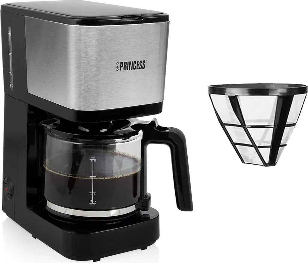 Stainless steel coffee machine set with glass carafe for 12 cups & 2x permanent filters