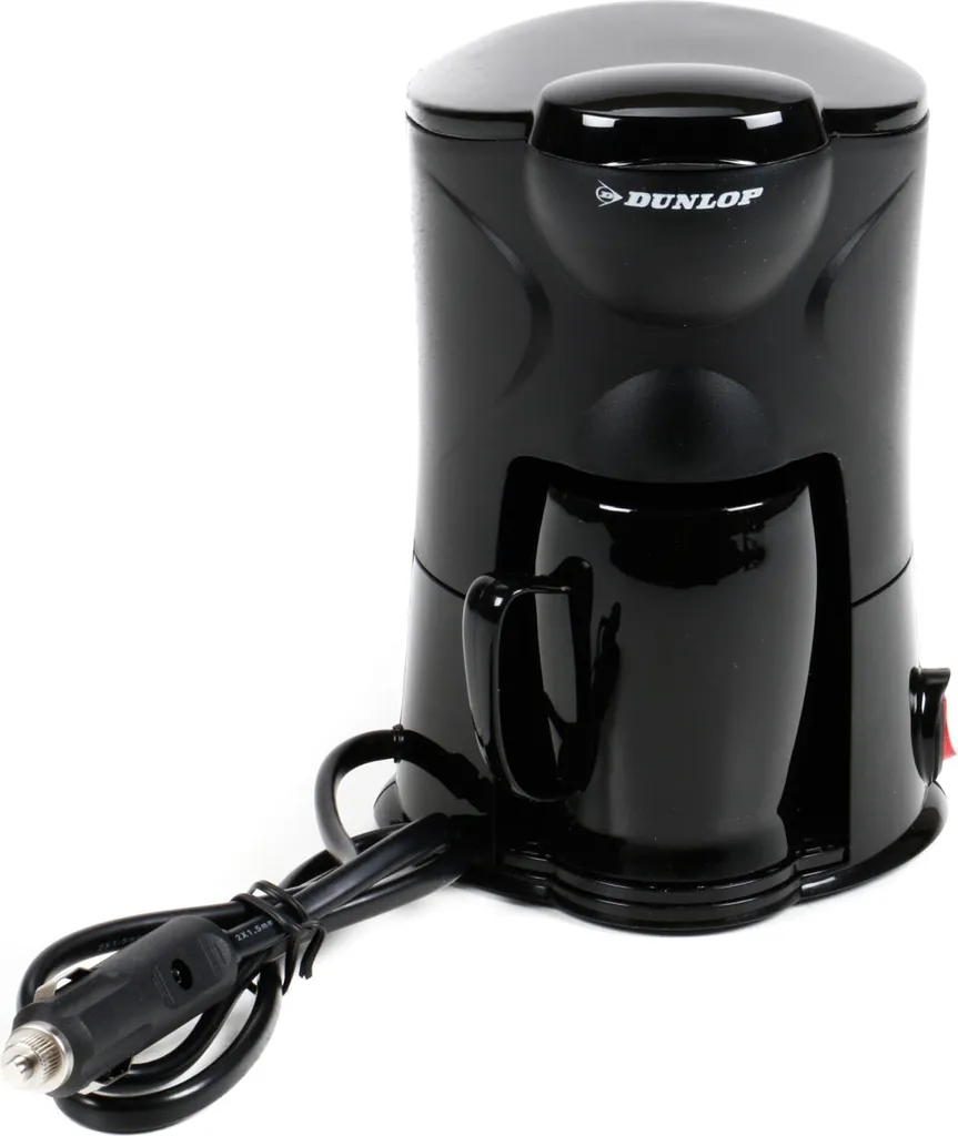 Dunlop 1-cup coffee maker, with cup, permanent filter, mounting hardware, for cars, 12 volts 170 watts