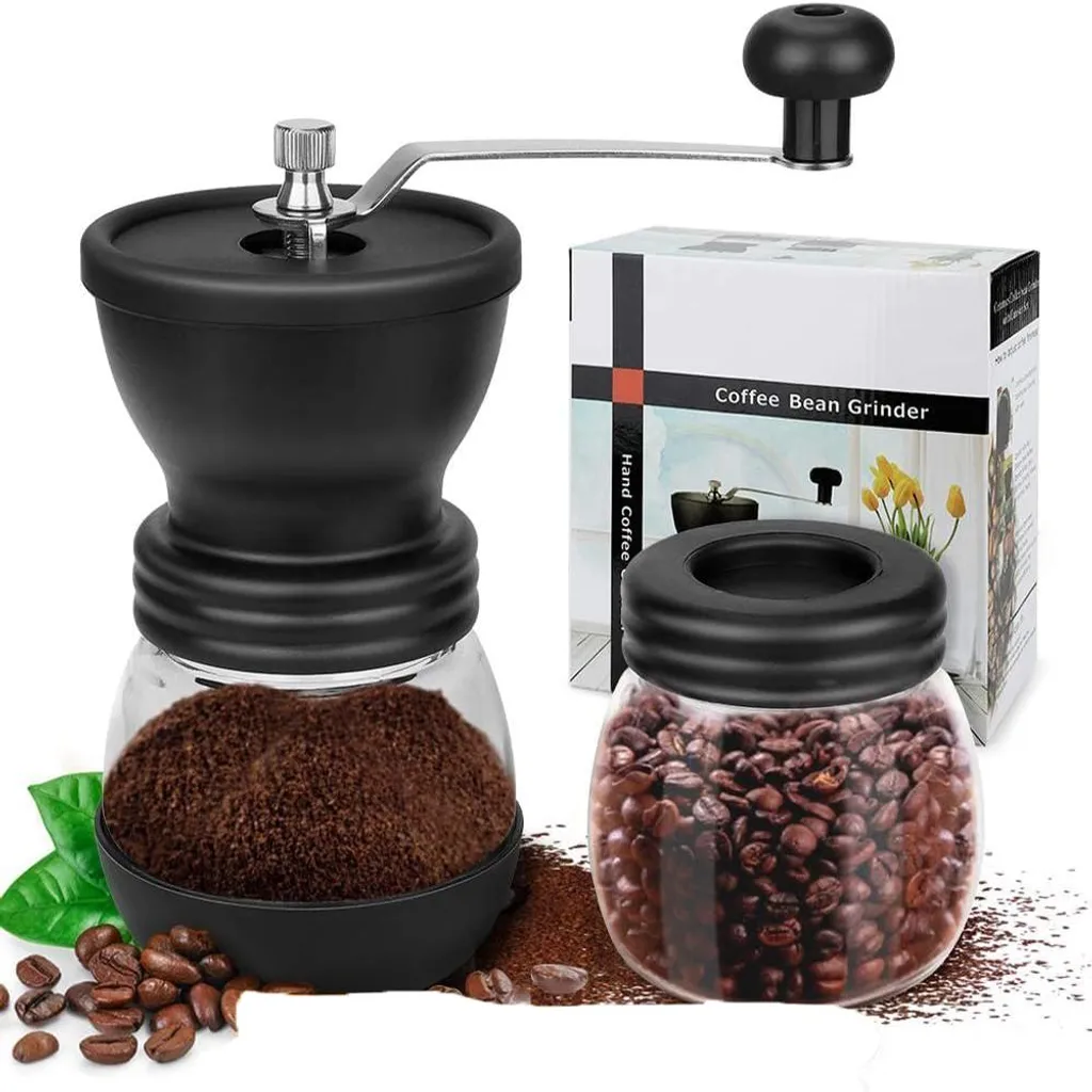 ZREE Coffee grinder with ceramic burrs, manual coffee grinder, with 2 glasses and stainless steel handles, coffee grinders for filter coffee, espresso, French press