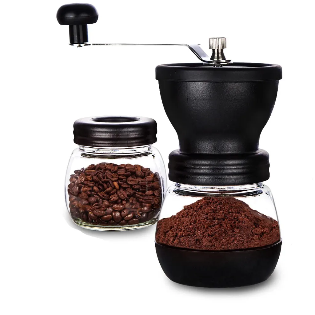 kuny Coffee grinder with ceramic burrs, manual coffee grinder, with 2 glasses (11 oz each), stainless steel handles, coffee grinders for filter coffee, espresso, French press