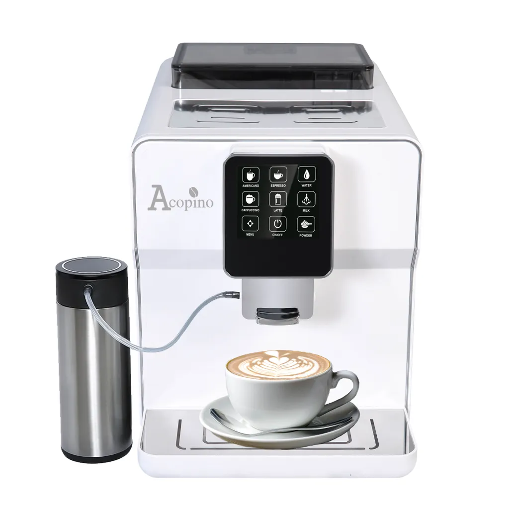 Fully automatic coffee machine with integrated grinder – Espresso, coffee & milk drinks – Fully automatic coffee machine – Acopino New Roma – White