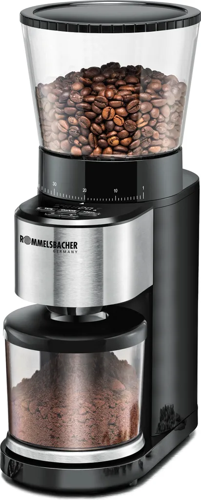 Rommelsbacher Coffee grinder EKM 500, integrated scale, conical burr grinder, 39 grind settings, 400 g bean hopper, 200 g ground coffee hopper, portafilter holder