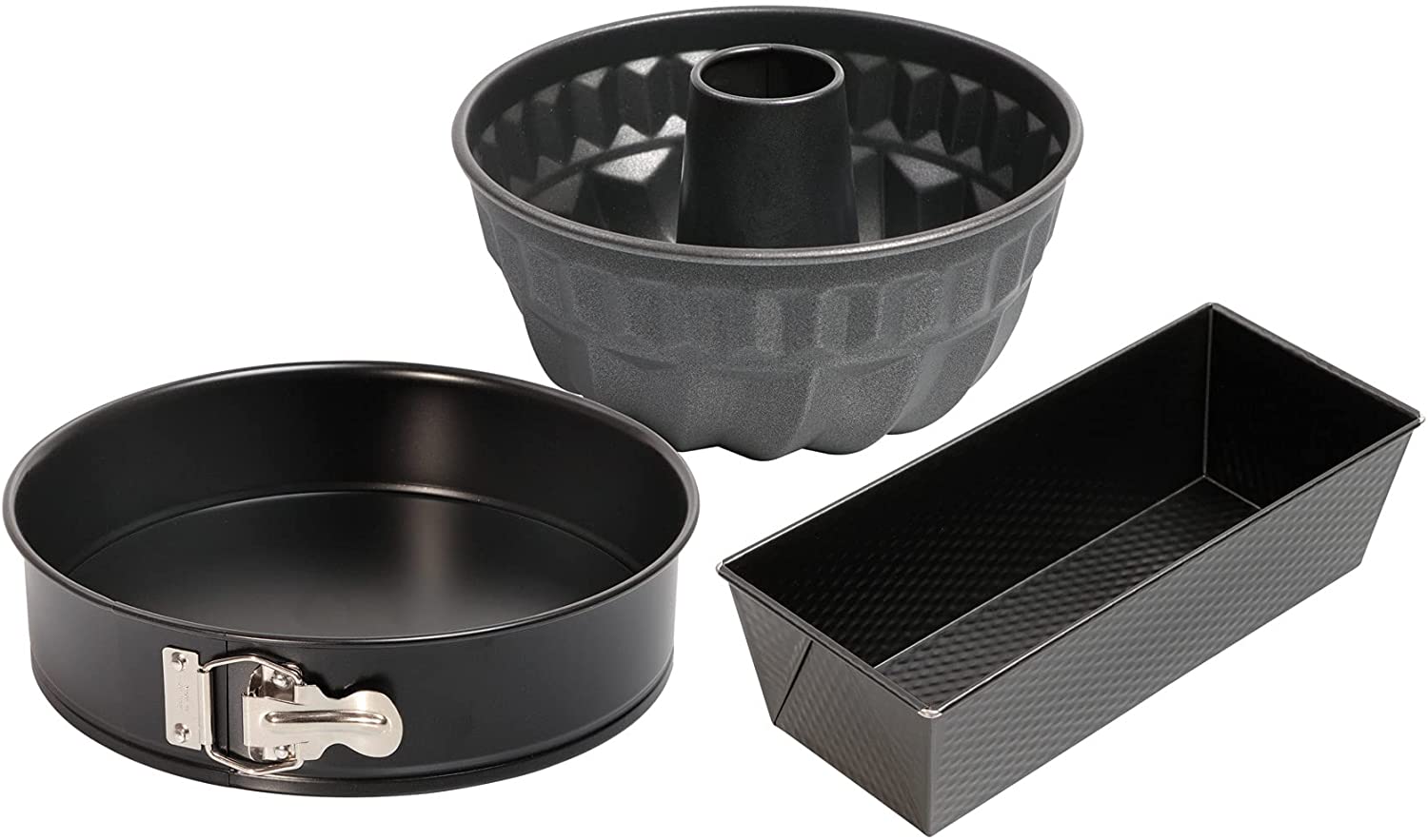 Kaiser Classic Baking Moulds Baking Set 3-Piece Black with Springform (Flat Base), Bundt Cake Tin, King\'s Cake Tin, Non-Stick Coating