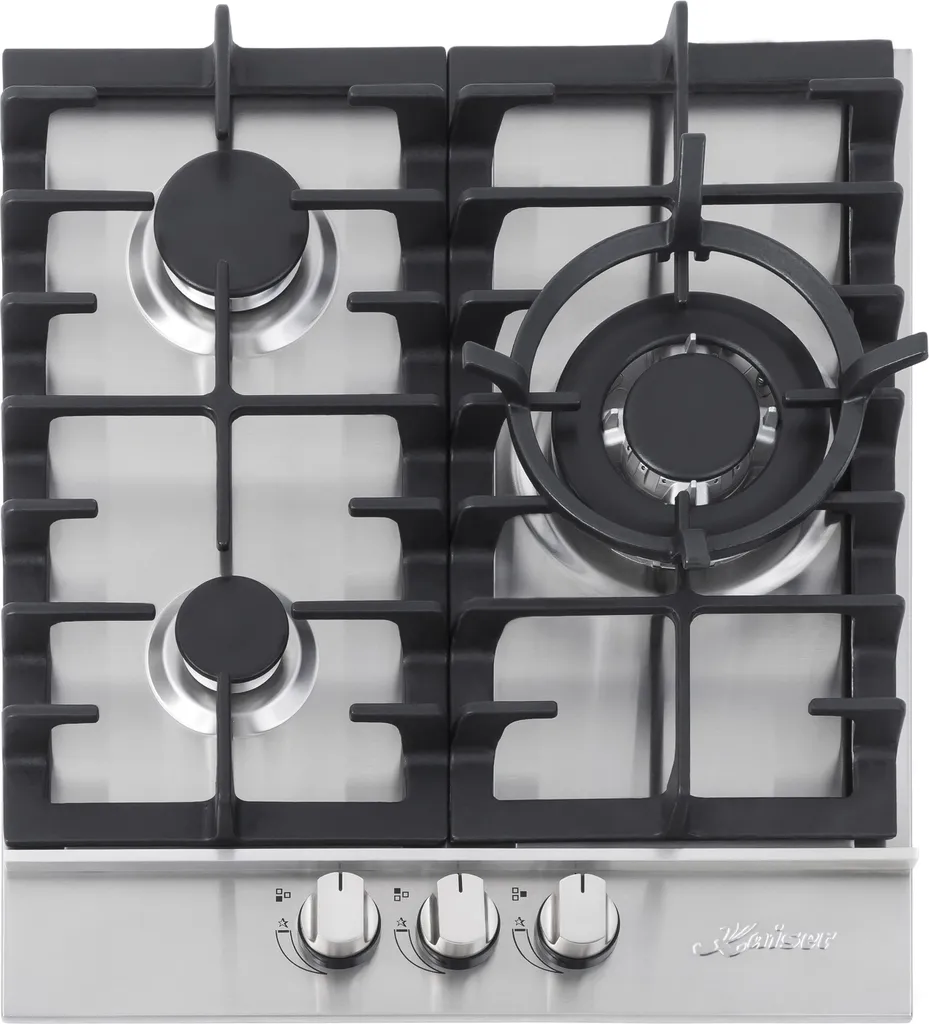Kaiser KG 4354 Turbo Stainless Steel Gas Hob 45cm 3 Burners Self-Sufficient, incl. Turbo Burner 3.8kW with Wok Adapter Hob