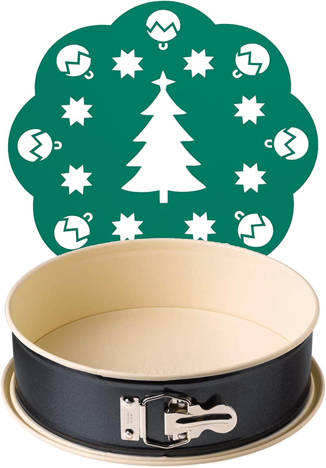 Kaiser Inspiration Springform 26 cm rund, Flachboden, mit Weihnachts-Deko-Schablone, runde Backform, auslaufsicher, antihaftbeschichtet