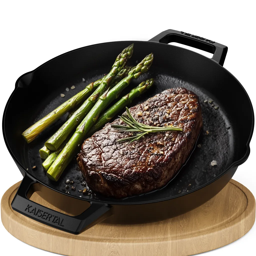 kaisertal-shop.de KAISERTAL Cast Iron Frying Pan, Enamelled - Non-Stick - 2.7L - Perfect for all hob types - Grill pan, induction pan - Includes recipe book