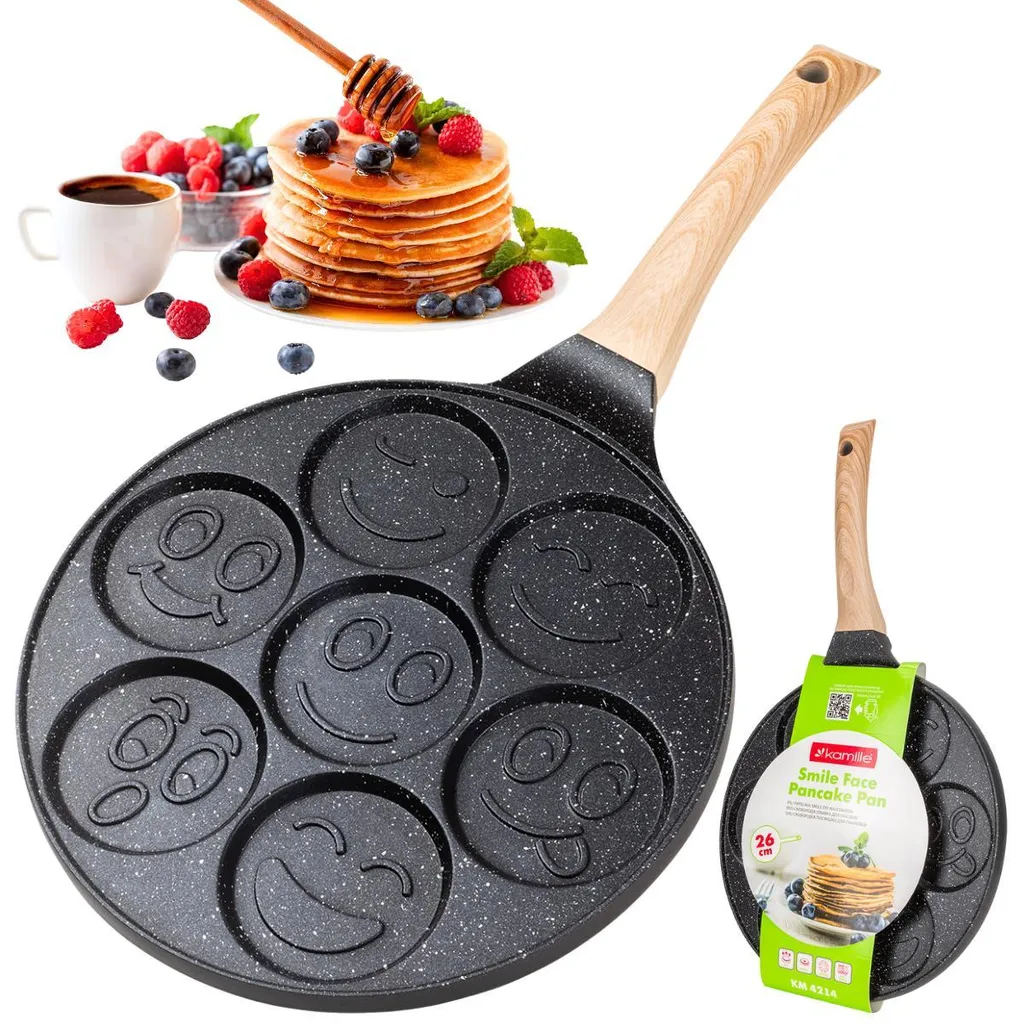 Kamille INEZ Chamomile Pan, 26 cm Non-Stick Pan, Crepe Pan, Smileys
