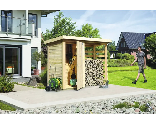 Karibu firewood shelter with storage room, including self-adhesive roof film 260 x 92 x 188 cm natural