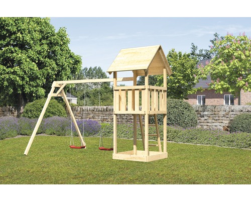 Karibu children's play tower "Lotti" SET made of Nordic spruce, natural with double swing attachment