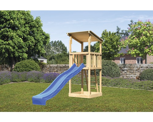 Karibu play tower "Pultdach Anna" SET made of Nordic spruce, natural with slide blue