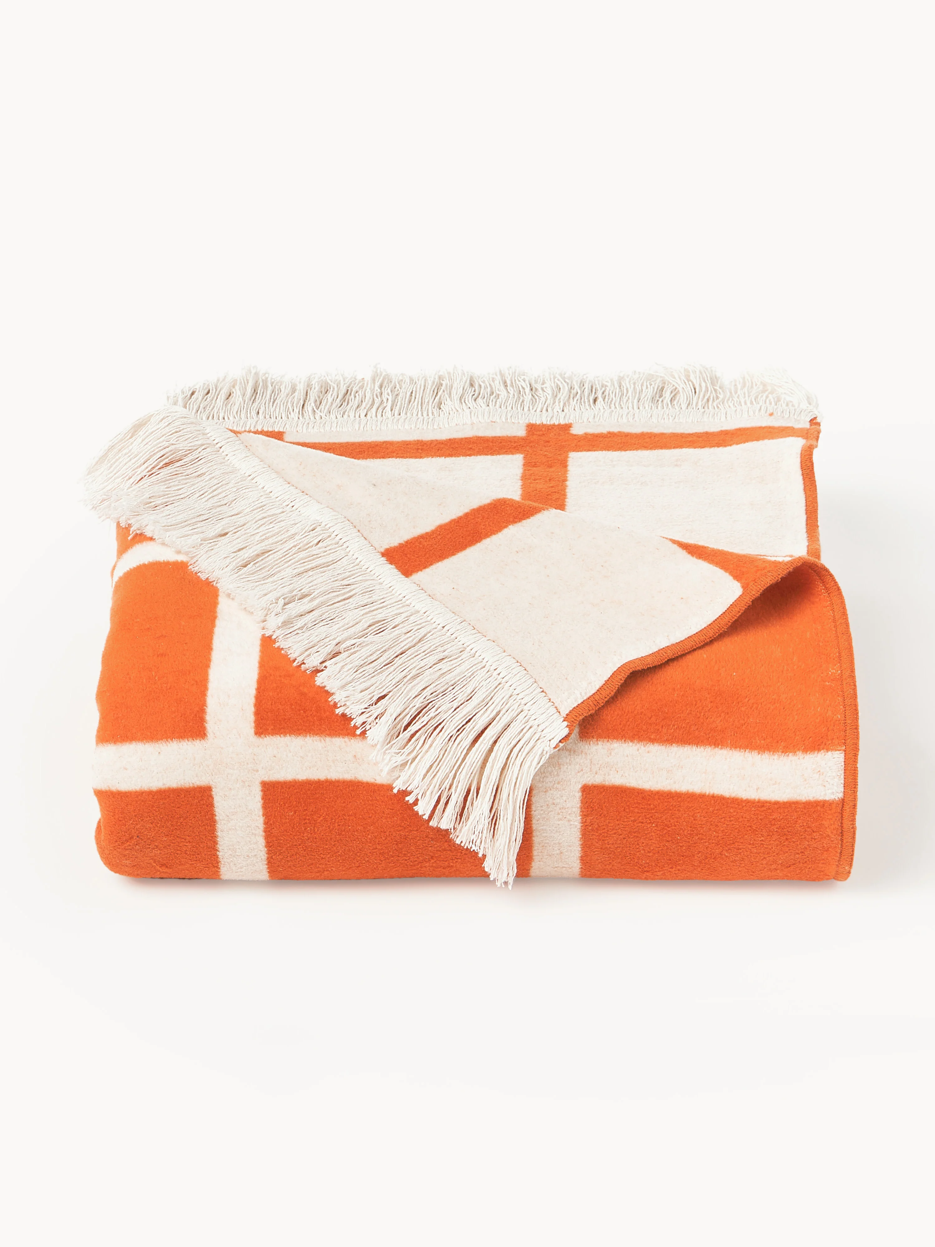 Westwing Collection Edison checkered reversible cuddly blanket with fringed edge, Orange, Off-White
