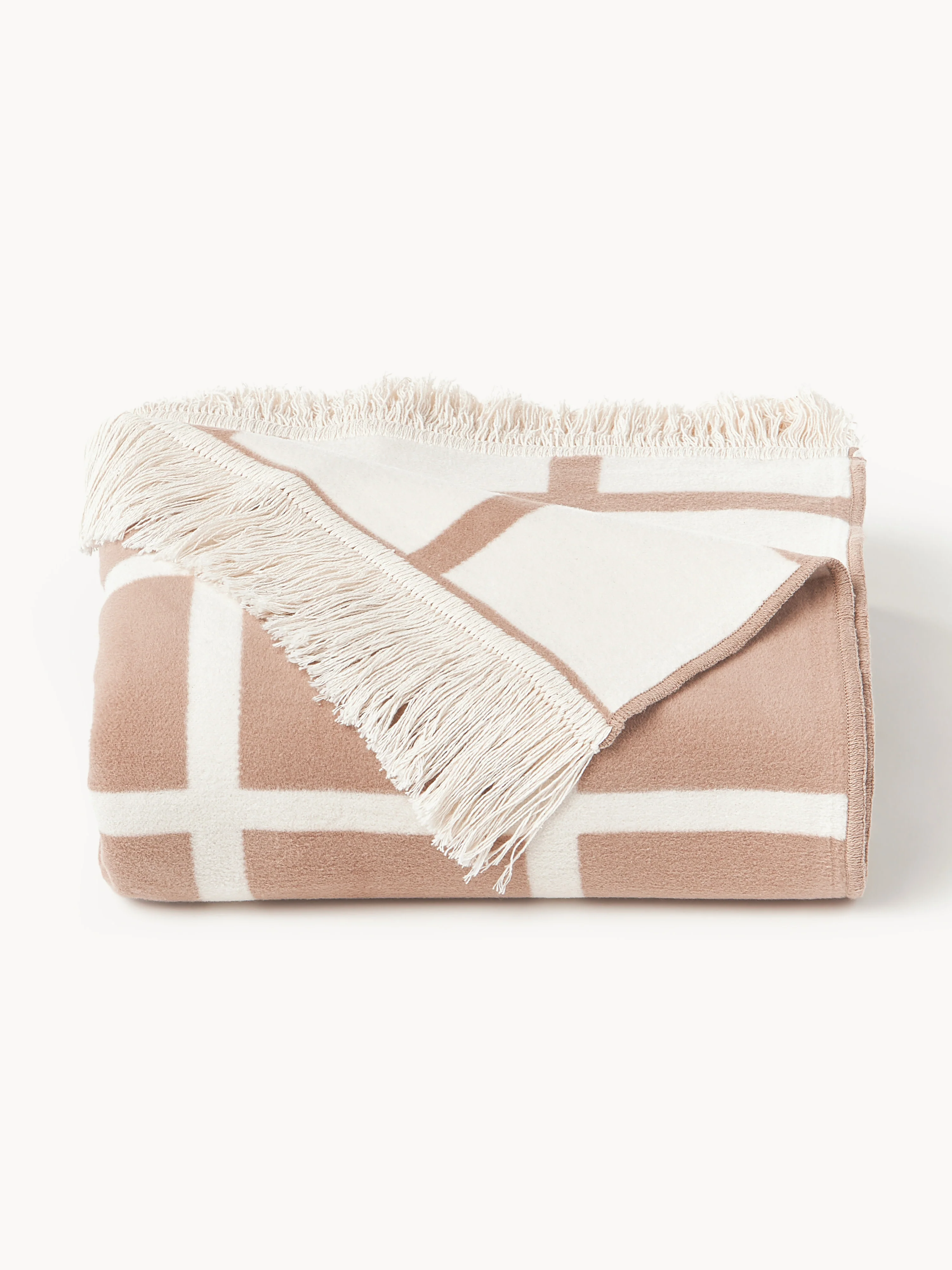 Westwing Collection Edison checkered reversible cuddly blanket with fringed edge, Nougat, Off White