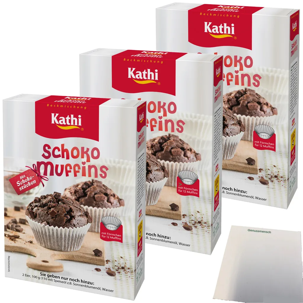 Kathi Baking Mix for Chocolate Muffins with Chocolate Pieces and Cases 3-pack (3x380g pack) + usy Block