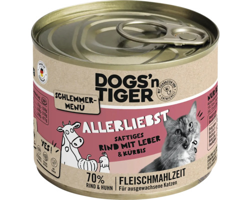 DOGS'n TIGER wet cat food, Allerliebst gourmet menu beef with liver & pumpkin, 200g, no sugar, no grains and no artificial flavorings, colors and preservatives
