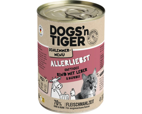DOGS'n TIGER wet cat food, Allerliebst gourmet menu beef with liver & pumpkin, 400g, no sugar, no grains and no artificial flavorings, colors and preservatives