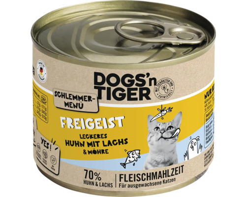 DOGS'n TIGER Freigeist wet cat food, gourmet menu chicken with salmon & carrot, 200g, no sugar, no grains and no artificial flavorings, colors and preservatives