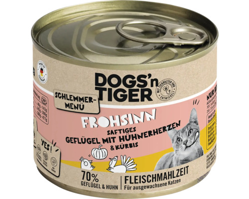 DOGS'n TIGER wet cat food, Frohsinn gourmet menu poultry with chicken hearts & pumpkin, 200g, no sugar, no grains and no artificial flavorings, colors and preservatives