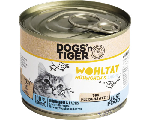 DOGS'n TIGER Wohltat wet cat food, chicken & salmon, 200g, no sugar, no grains and no artificial flavorings, colors and preservatives