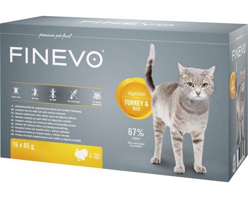 Wet cat food FINEVO Digestion turkey and rice 16x85 g
