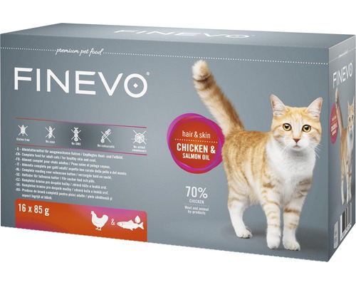 Wet cat food FINEVO Hair&Skin chicken with salmon oil 16x85 g