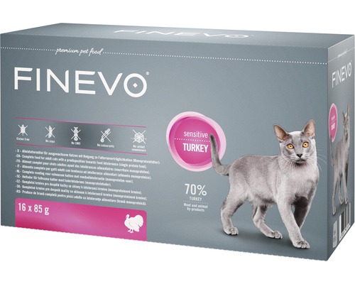 Wet cat food FINEVO Sensitive Cat Turkey pure 16x85 g, monoprotein, single protein