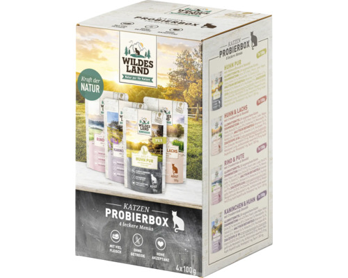 Wet cat food WILDES LAND 4 pouch sample box, multipack 4x 100 g, fish, poultry, rabbit, beef and veal with valuable superfoods, grain-free, gluten-free 400 g