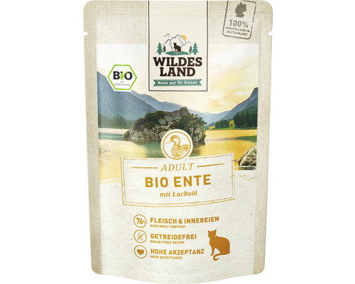 Wet cat food WILDES LAND Organic Duck PURE with salmon oil with valuable superfoods, grain-free, gluten-free 85 g