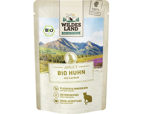 Wet cat food WILDES LAND Organic PURE chicken with salmon oil with valuable superfoods, grain-free, gluten-free 85 g