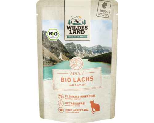 Wet cat food WILDES LAND Organic PURE salmon with salmon oil with valuable superfoods, grain-free, gluten-free 85 g