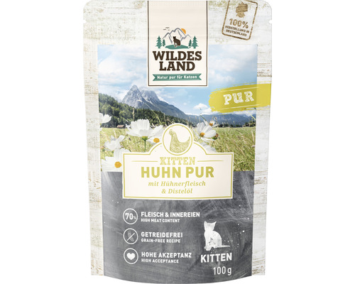 Wet cat food WILDES LAND Chicken PURE for kittens with safflower oil with valuable superfoods, grain-free, gluten-free 100 g