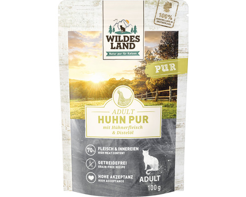 Wet cat food WILDES LAND Chicken PURE with safflower oil with valuable superfoods, grain-free, gluten-free 100 g