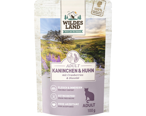 Wet cat food WILDES LAND rabbit and chicken with cranberries with valuable superfoods, grain-free, gluten-free 100 g